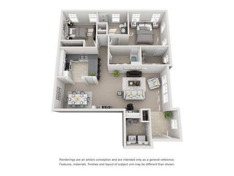 A 3D rendered image of a modern apartment layout.